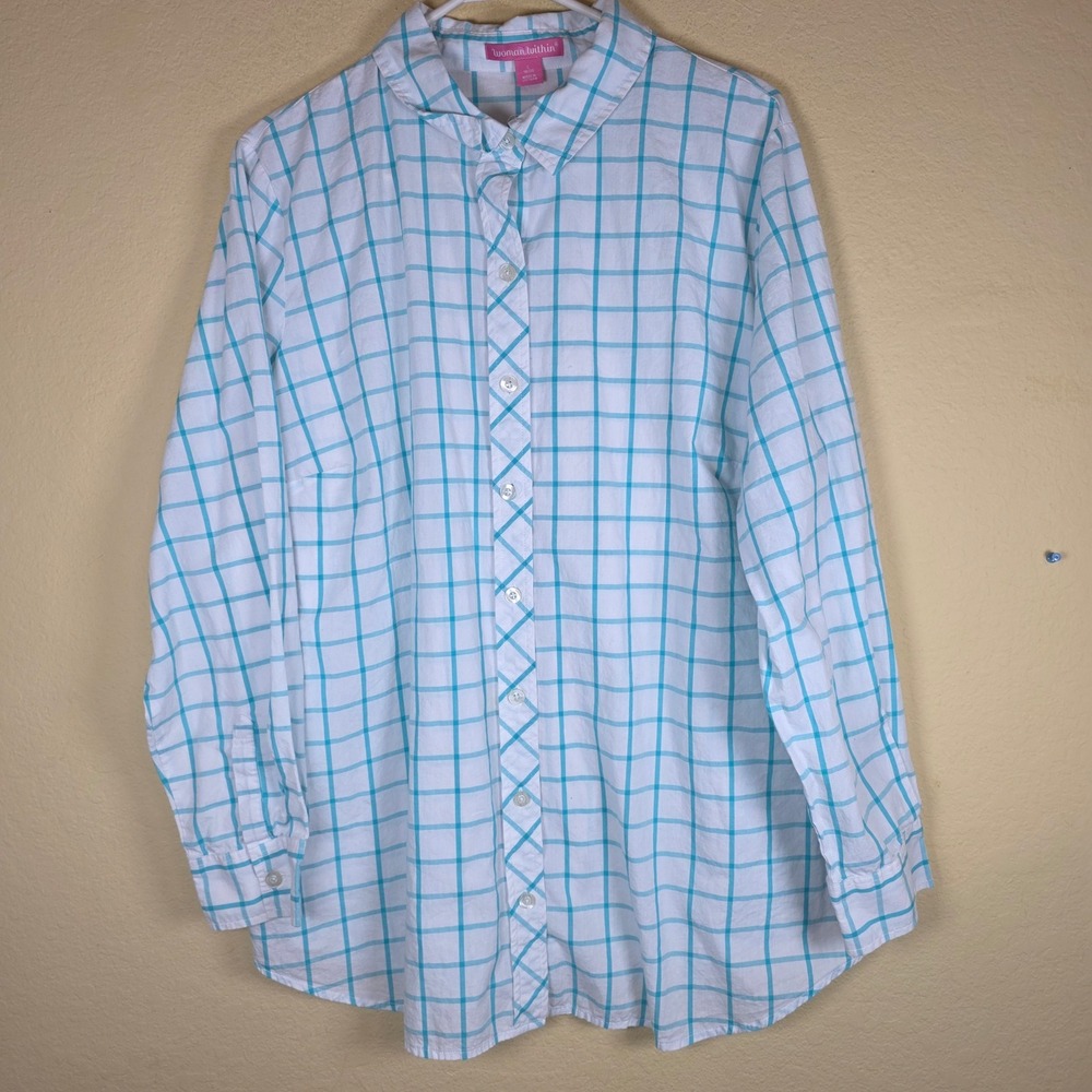 Woman Within Womens Plus L 18/20 Cotton Plaid Button Up Shirt White Turquoise